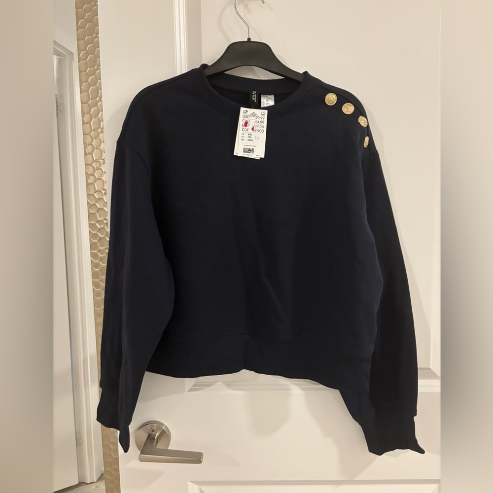 H&M Navy Sweatshirt with Gold Button Details NWT